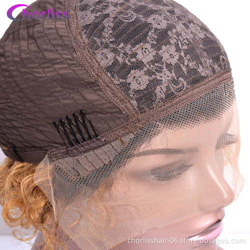 Wholesale Honey Brown Color Glueless Cheap Pixie Short Peruvian Hair Wig Kinky Curly Human Hair Lace Frontal Wig For Women
